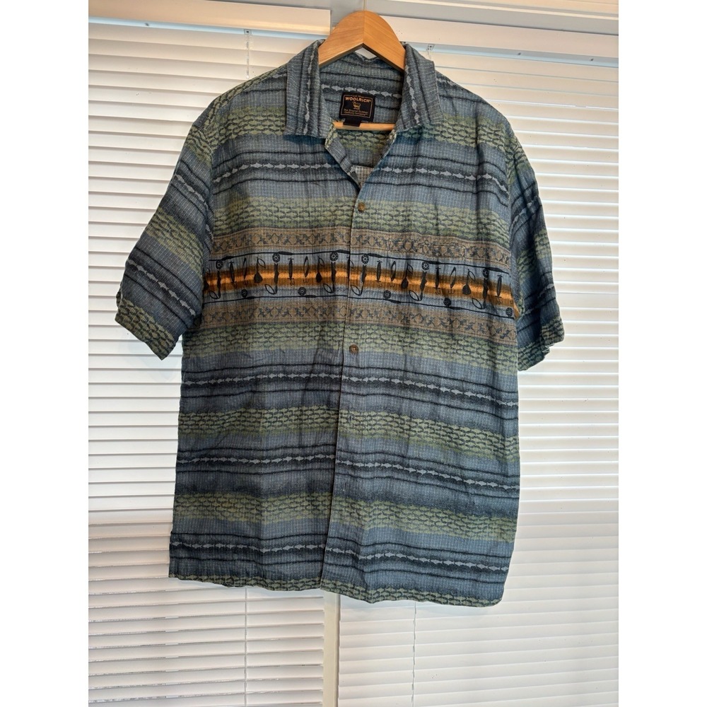 Woolrich Shirt Mens L Fishing Lure Print Short Sleeve Button Up Cotton